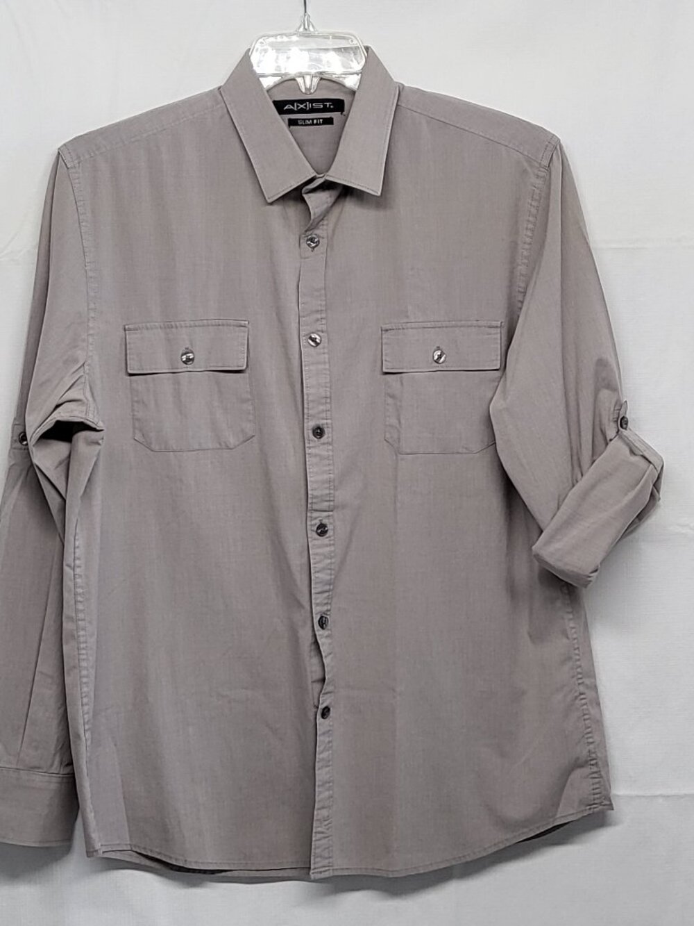 Axis Mens Shirt Button Up Slim Fit Size Large Stretch Roll Tab Long Sleeve Gray